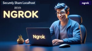 Smiling developer using Ngrok to securely share localhost app on a laptop