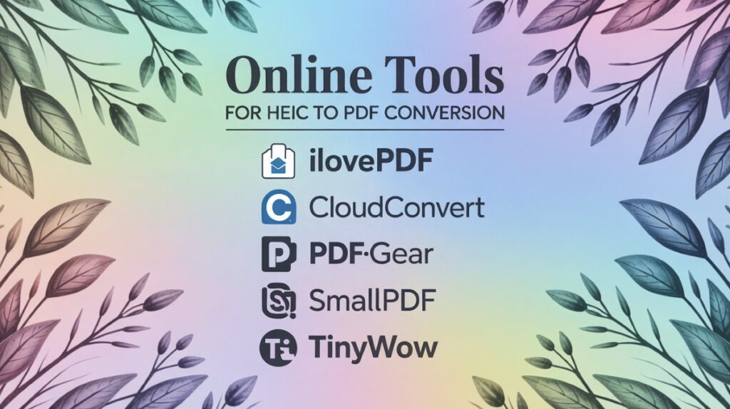 Best online tools for HEIC to PDF conversion - iLovePDF, CloudConvert, PDFgear, Smallpdf, TinyWow