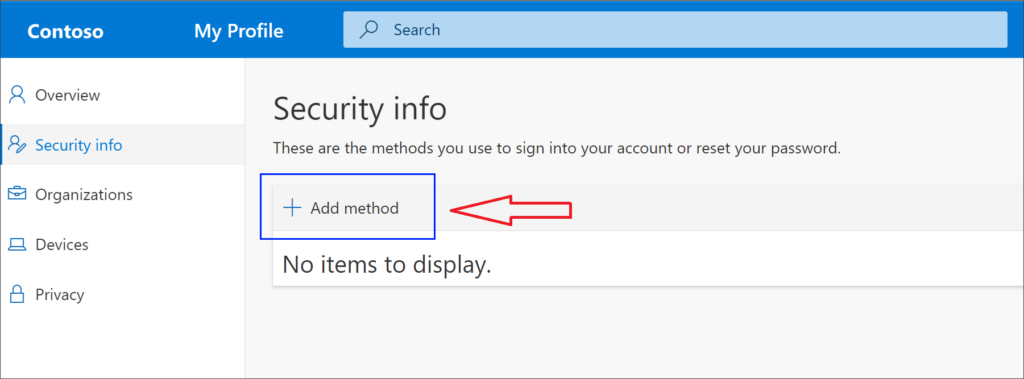 Microsoft account security info page showing the Add method option for setting up Outlook app password