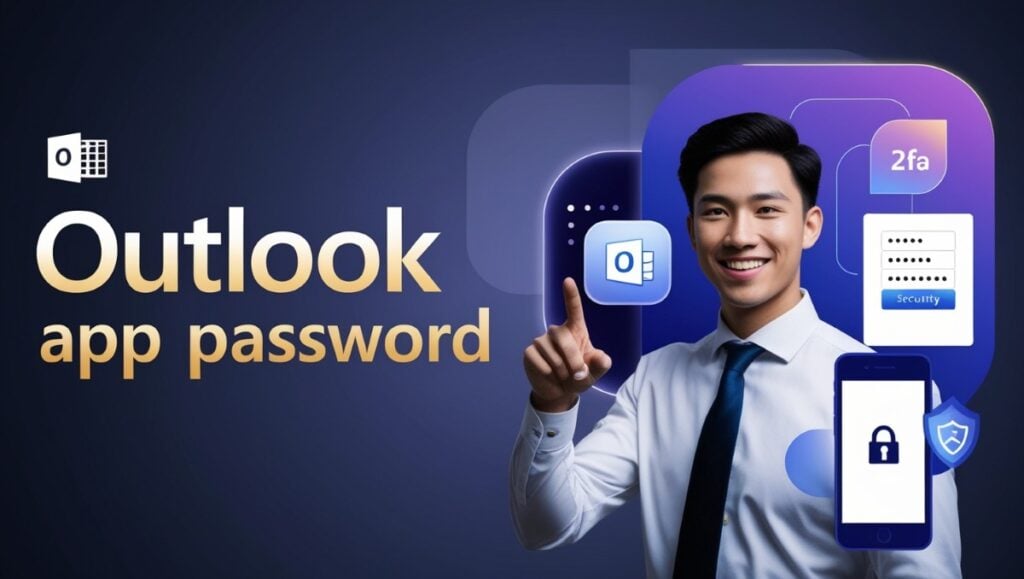 Outlook app password setup illustration with 2FA, password field, and Microsoft Outlook logo on an indigo gradient background