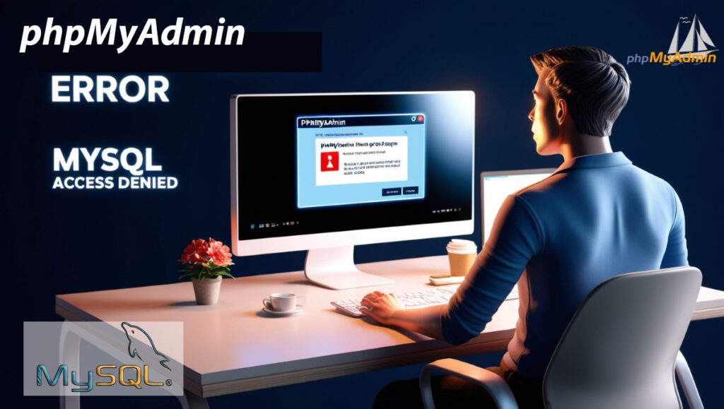 User facing phpMyAdmin error on computer screen in modern office, MySQL access denied message visible