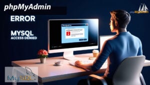 User facing phpMyAdmin error on computer screen in modern office, MySQL access denied message visible