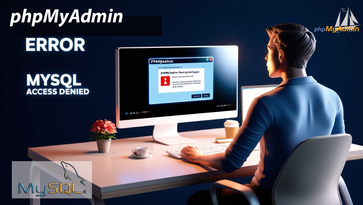 User facing phpMyAdmin error on computer screen in modern office, MySQL access denied message visible