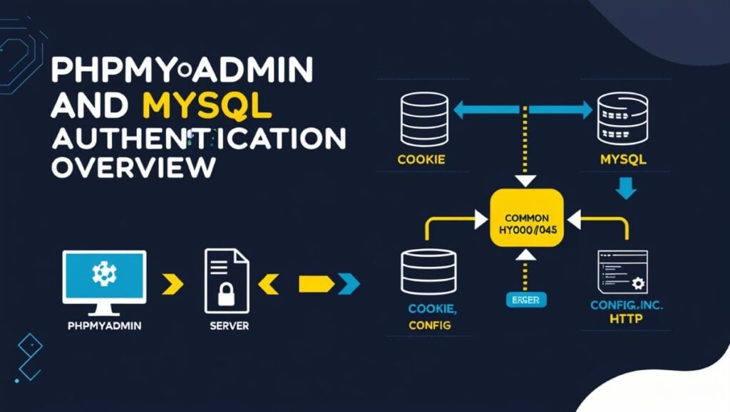 Infographic showing phpMyAdmin and MySQL authentication methods with config file, error code HY000/1045, and secure login flow