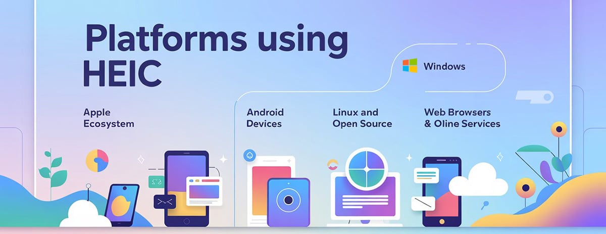 Infographic showing platforms using HEIC format with Apple, Android, Windows, Linux, and browser logos

