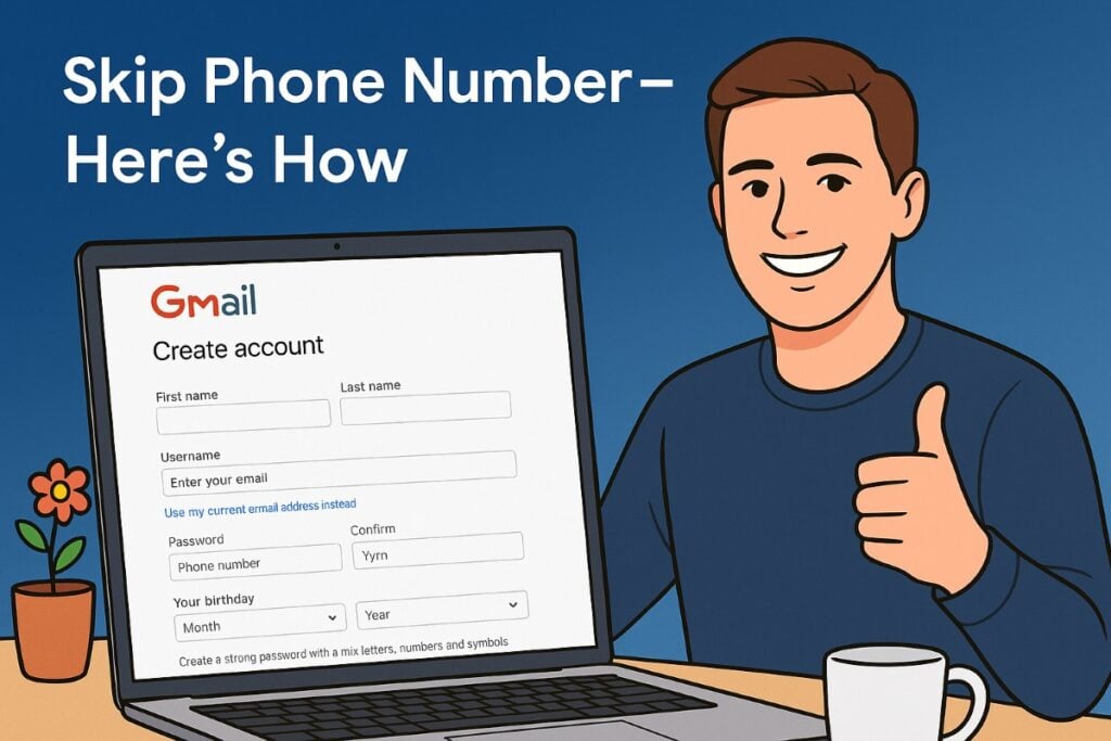 Create Gmail account without phone number – smiling male user with thumbs up, Gmail sign-up screen on laptop showing fields like name, age, and phone number.