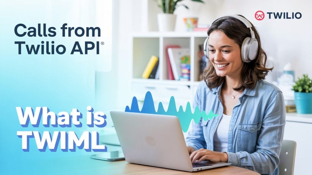Woman with headset using Twilio API on laptop – blog image about TwiML and programmable voice