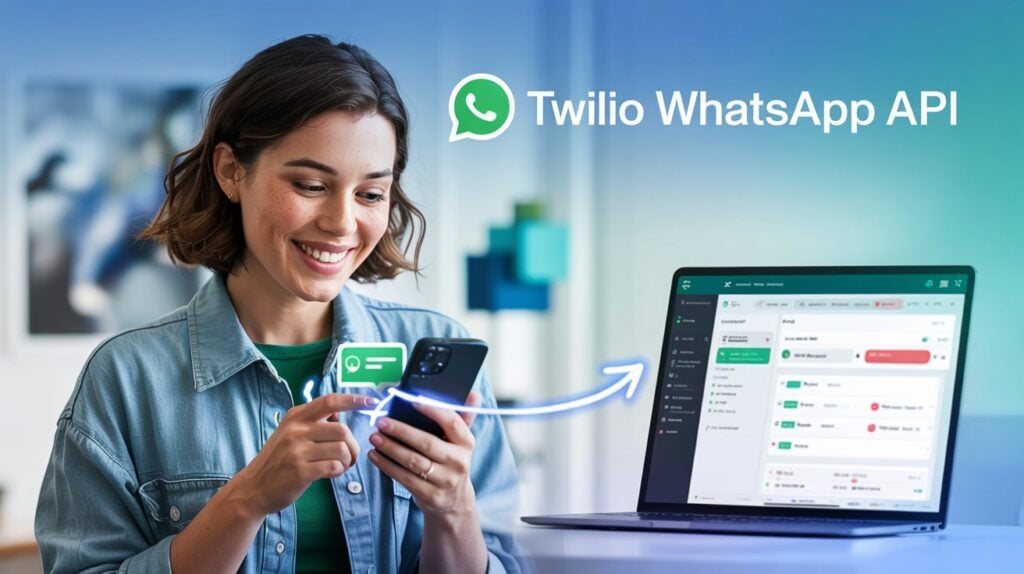Twilio WhatsApp API integration illustration showing WhatsApp on smartphone and Twilio sandbox on computer