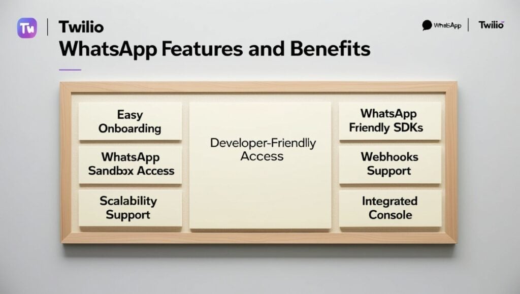 Twilio WhatsApp Features and Benefits – Easy onboarding, developer-friendly SDKs, sandbox access, scalability, webhooks support, and integrated console on a cream-colored board.