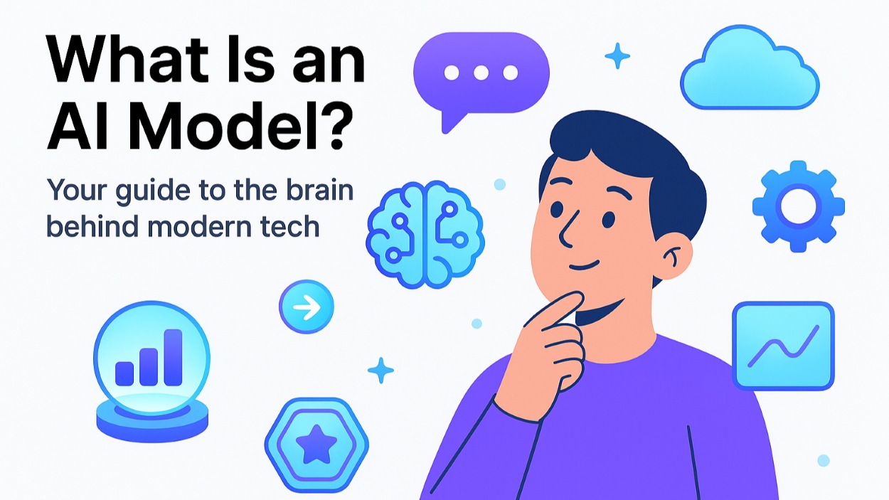 Illustration of "What is an AI model" as a glowing digital brain connected to data streams with icons for text, images, voice, analytics, and self-driving cars.