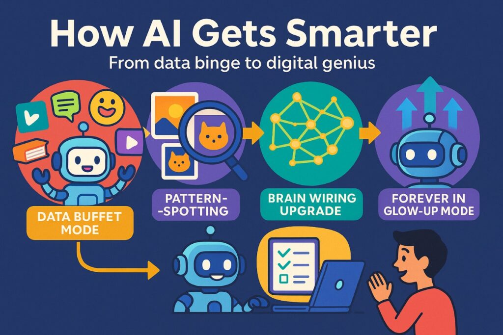 Infographic explaining what is an AI model and how it learns through data, pattern recognition, and continuous improvement.