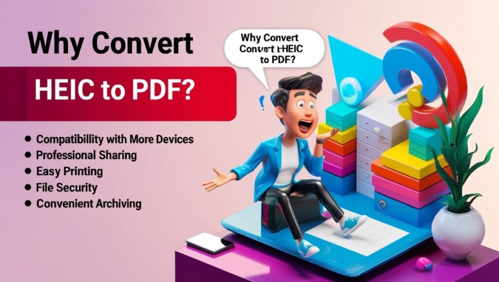 Why Convert HEIC to PDF? Benefits of Converting HEIC to PDF including compatibility, professional sharing, easy printing, file security, and convenient archiving.