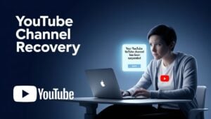 YouTube Channel Recovery - Content creator looking at a laptop screen with a suspended channel message, dark navy blue gradient background, white heading with YouTube logo glowing.