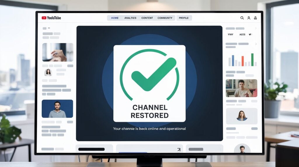 Restored YouTube channel confirmation screen on a computer, symbolizing successful channel recovery using the Brand Account method.
