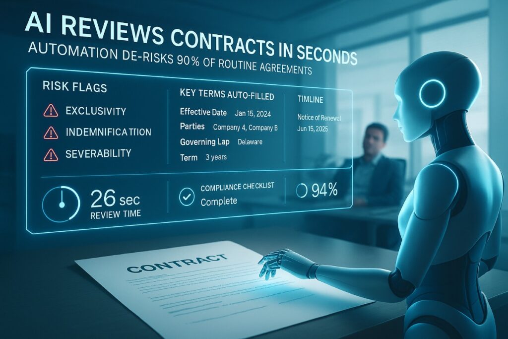 AI reviewing digital contracts with automated risk analysis and term extraction for streamlined contract management