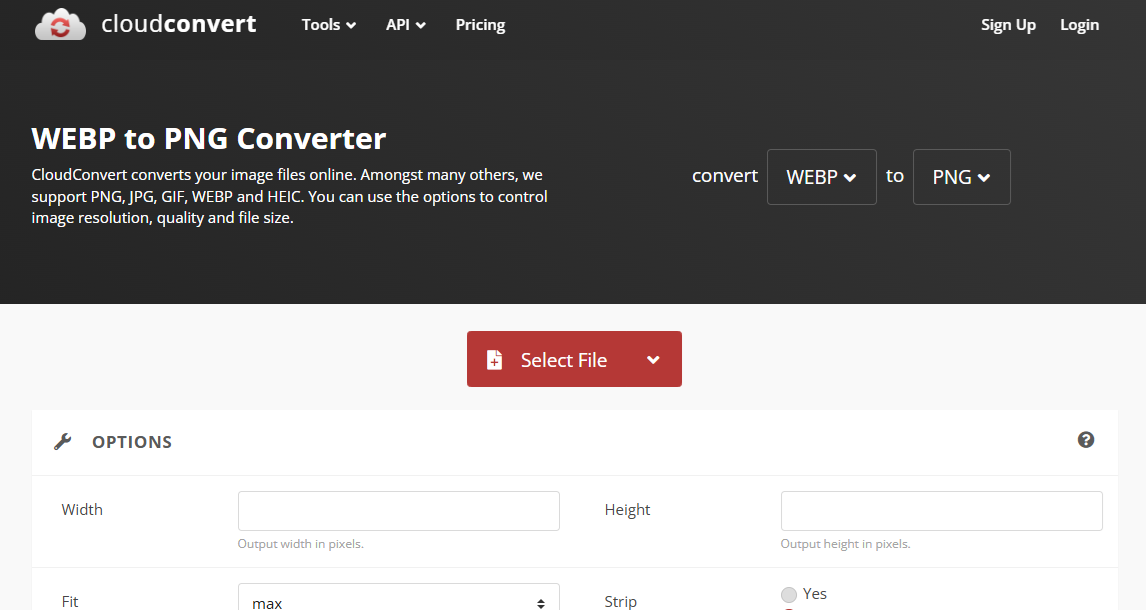 CloudConvert online tool interface for converting WebP to PNG with image quality and resolution options