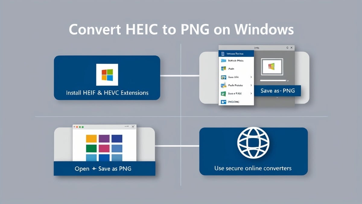 Infographic showing four methods to convert HEIC to PNG on Windows, including installing HEIF and HEVC extensions, using Photos app, Paint, and online converters