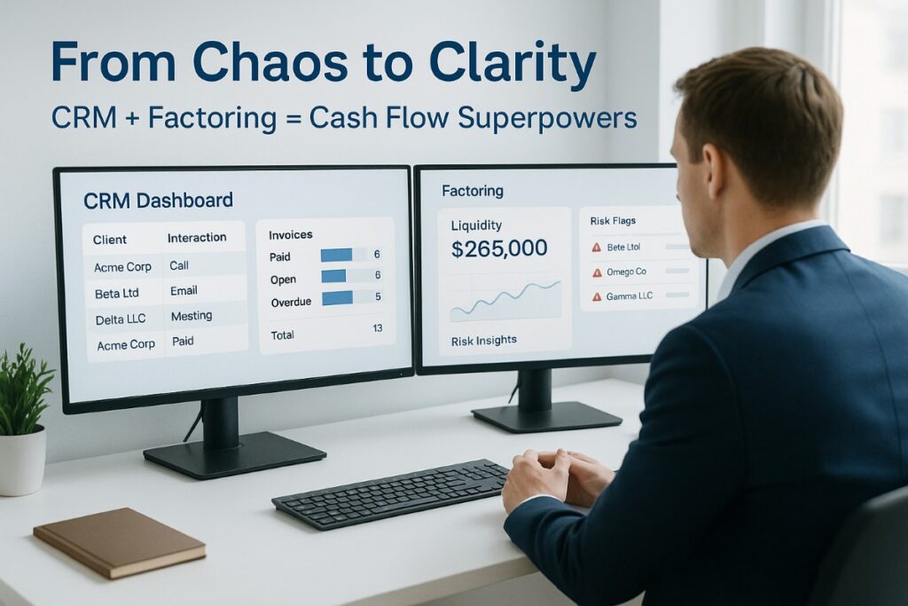 Modern CRM dashboard integrated with invoice factoring app showing cash flow and client insights