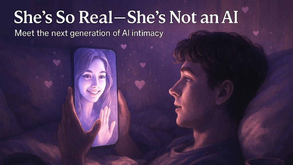 A realistic scene of a user emotionally connected to a virtual AI companion on CrushOn AI, highlighting romantic and immersive digital interaction.