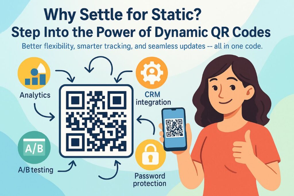 Illustration of a young woman holding a smartphone with a dynamic QR code surrounded by icons for analytics, CRM, A/B testing, and password protection.