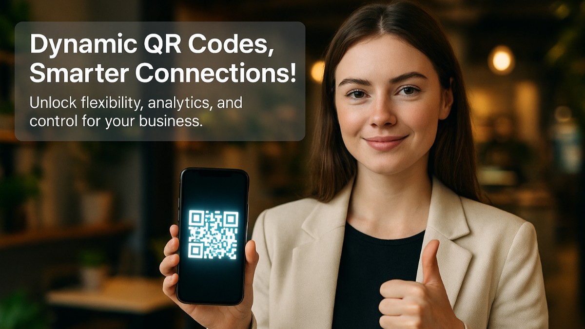 Businesswoman showing a smartphone with a dynamic QR code and giving a thumbs up, promoting smart QR code connections.