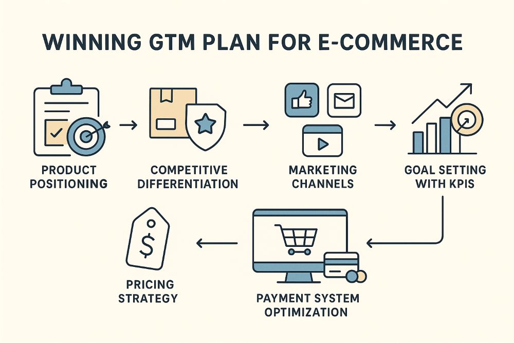 Infographic outlining key components of a winning go-to-market plan for e-commerce