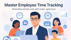 Illustration of remote team using employee time tracking apps with laptops, global clocks, and productivity icons