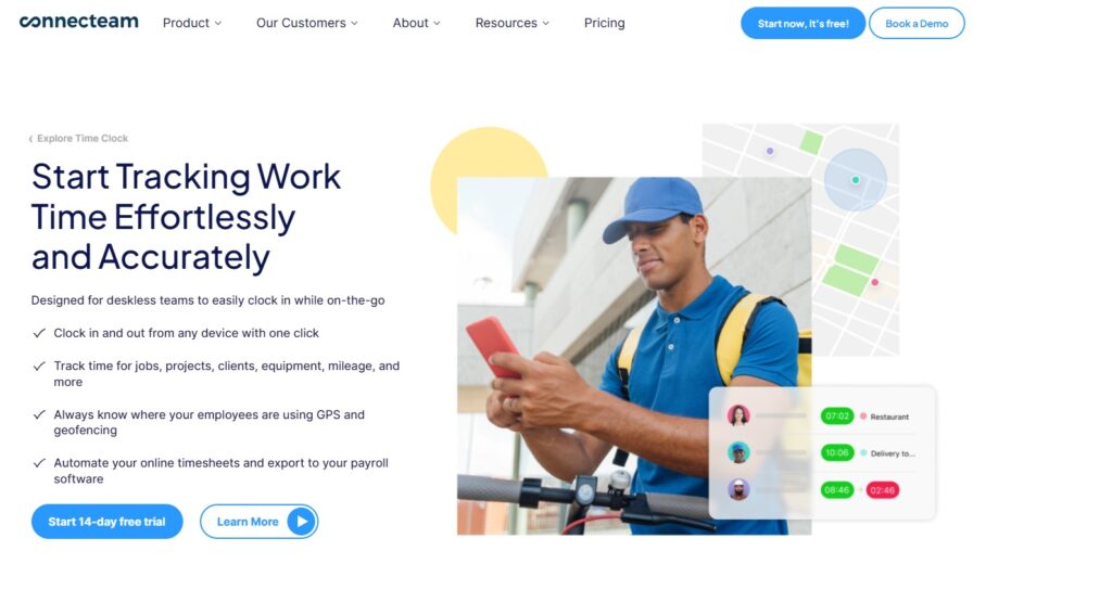 Connecteam employee time tracking app interface with delivery worker using mobile GPS and geofencing