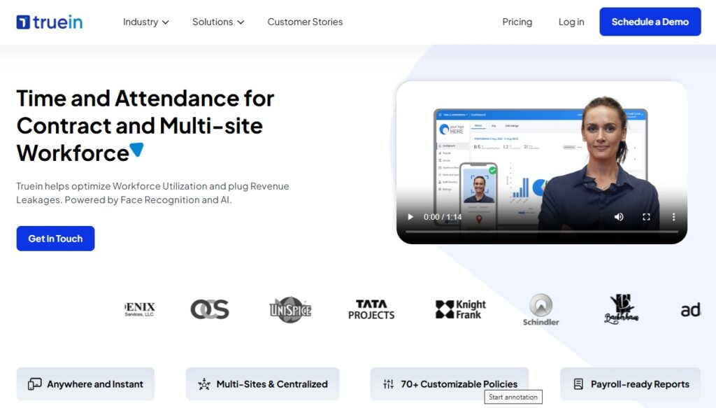 Truein employee time tracking app for contract and multi-site workforce with AI-powered facial recognition