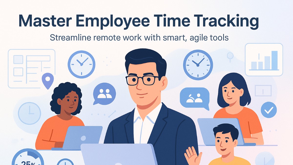 Illustration of remote team using employee time tracking apps with laptops, global clocks, and productivity icons