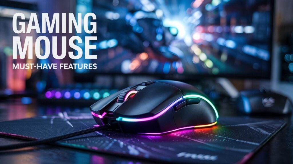 Wireless RGB gaming mouse in use during gameplay with bold 3D text reading "Gaming Mouse – Must-Have Features