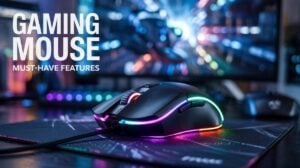 Wireless RGB gaming mouse in use during gameplay with bold 3D text reading "Gaming Mouse – Must-Have Features