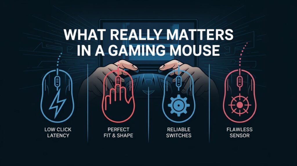 Infographic showcasing key gaming mouse features: low click latency, perfect fit and shape, reliable switches, and flawless sensor. Sleek design with neon accents.