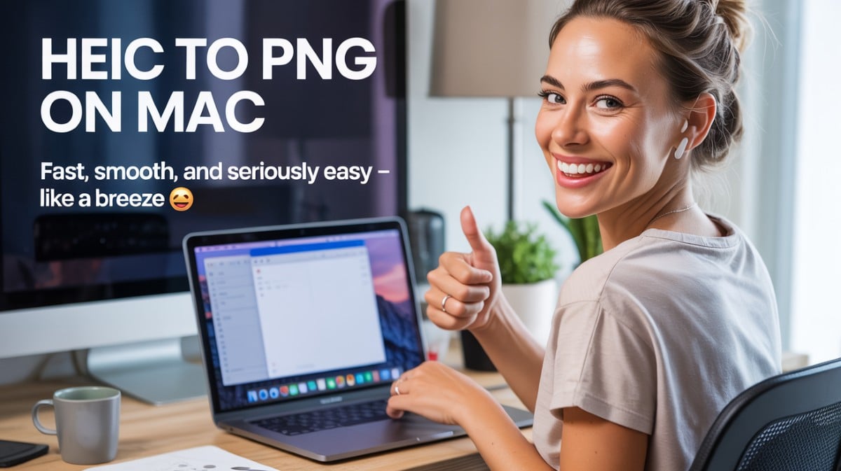 Smiling woman converting HEIC to PNG on MacBook, giving thumbs up, representing easy image conversion on macOS.
