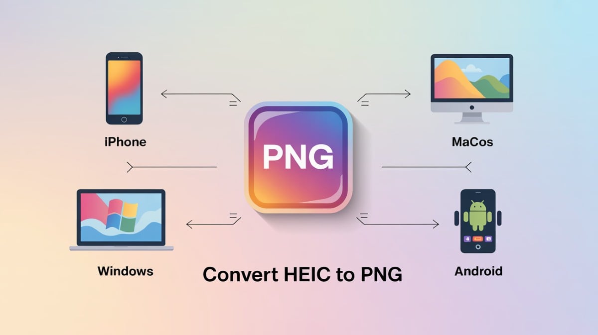 Infographic showing HEIC to PNG conversion supported on iPhone, macOS, Windows, and Android devices with central PNG icon connected to each platform