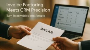 Professional business handoff showing invoice factoring integration with CRM dashboard