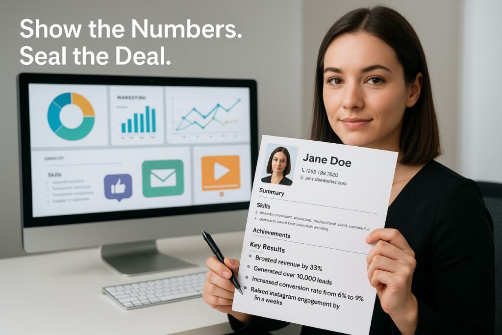 A professionally designed marketing resume on a desk, featuring a profile photo, contact details, and key achievements with real campaign metrics, highlighting an effective resume format.
