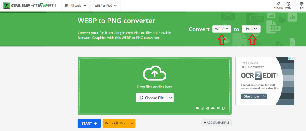 Online-Convert WebP to PNG Converter interface