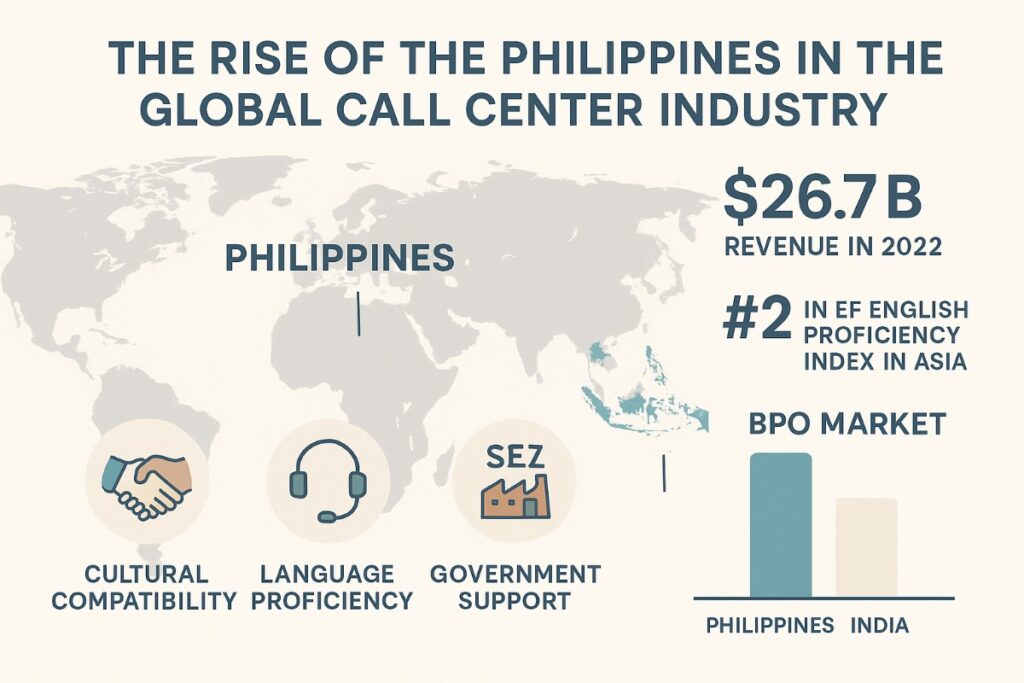 Infographic showing the growth of the Philippines call centre industry with global map, revenue stats, English proficiency rank, and BPO market comparison


