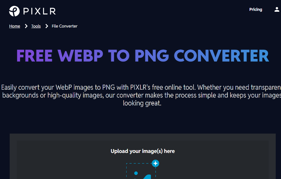 Pixlr WebP to PNG Converter interface for fast online image conversion – alternative to Canva AI Image Generator