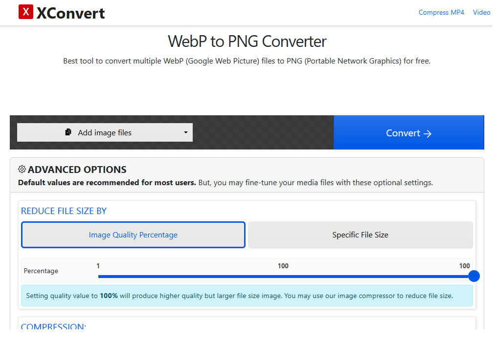 XConvert WebP to PNG converter with advanced compression and image quality settings