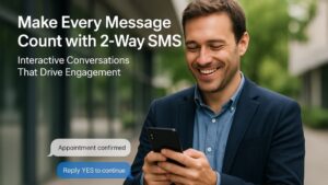 Satisfied customer smiling while texting via 2-way SMS for real-time engagement