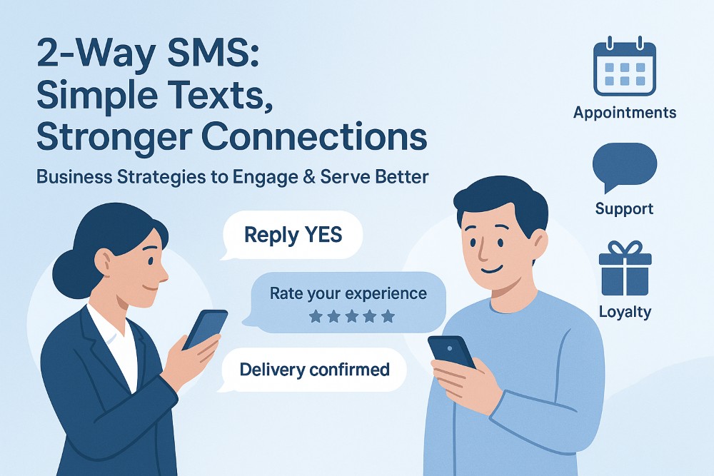 Infographic showing customer and business texting through 2-way SMS with action bubbles and feature icons