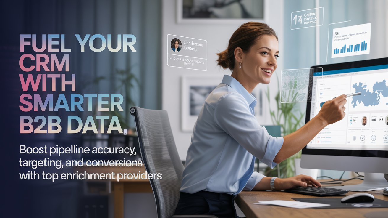 Smiling professional using CRM software enriched with B2B data provied by Data Provider, with charts and company profiles in the background