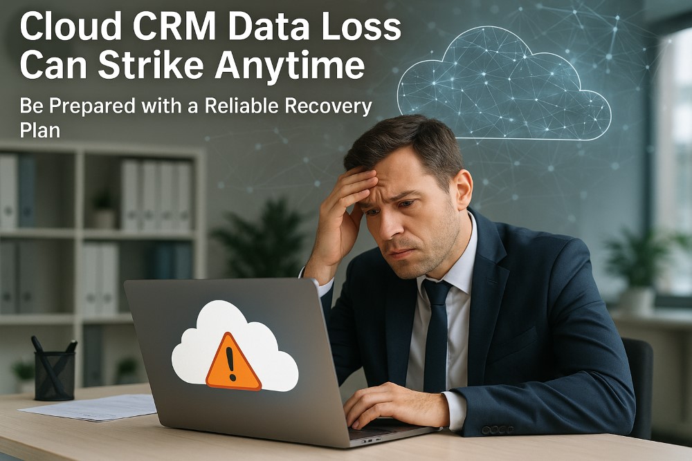 Worried business professional looking at laptop screen showing cloud CRM data loss warning and recovery alert