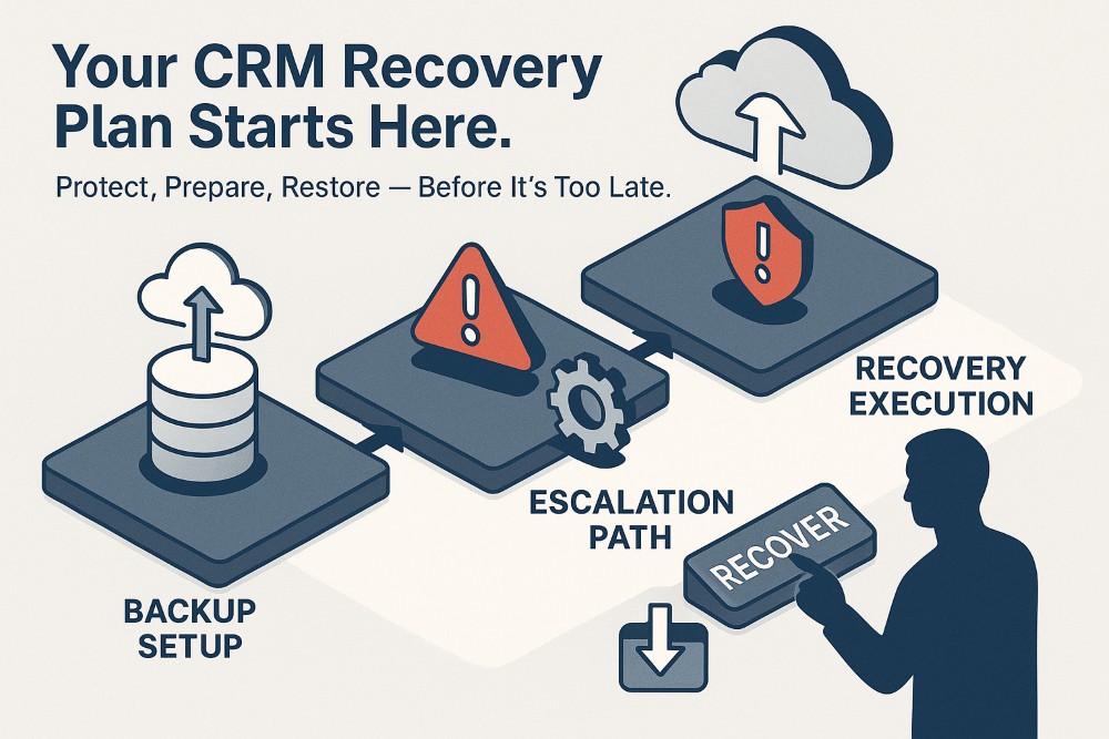 Infographic showing CRM recovery plan steps to prevent cloud data loss with icons for backup, escalation, and restoration