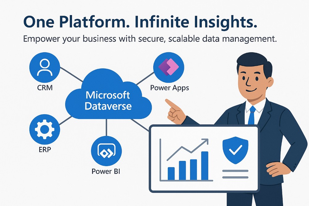 Infographic showing Microsoft Dataverse as a central cloud platform connected to Power Apps, Power BI, and business systems, with a smiling user standing beside data charts.