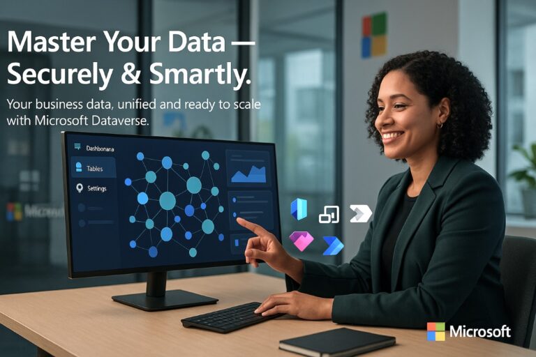 Confident business user smiling while interacting with a digital dashboard powered by Microsoft Dataverse, showing secure and organized data connections.