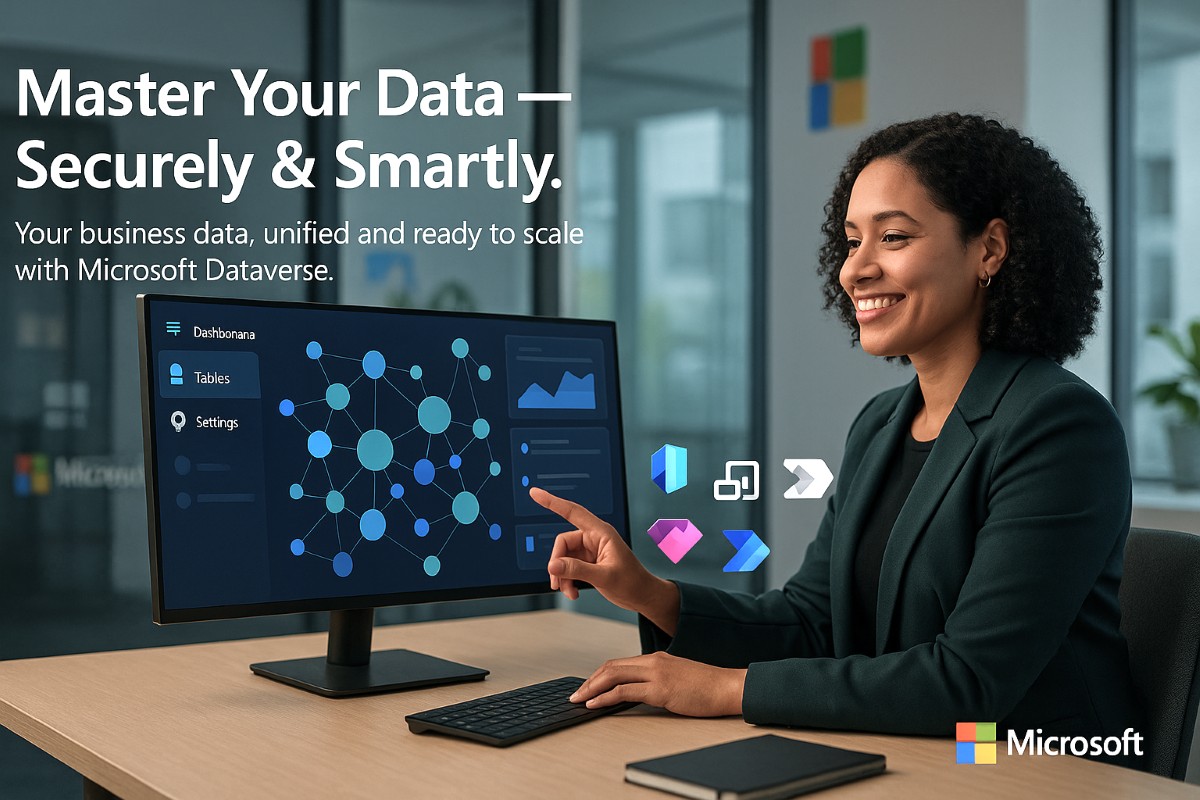 Confident business user smiling while interacting with a digital dashboard powered by Microsoft Dataverse, showing secure and organized data connections.