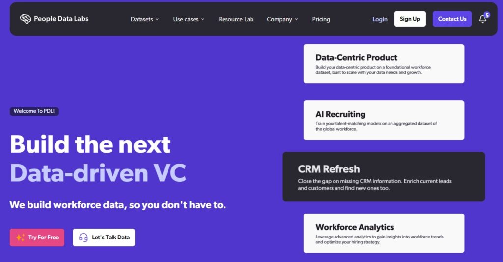 People Data Labs data provider platform showcasing workforce analytics, AI recruiting, and CRM refresh solutions.
